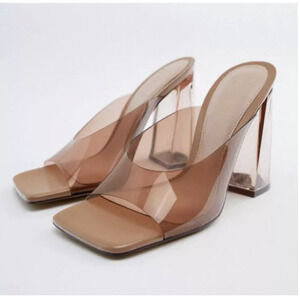 ZARA Womans 11.5 VINYL Sandals Slip On LUCITE Clear Heels Square Toes Brown